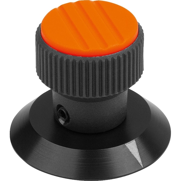 Knurled Knob W Arrow Size:1, D1=21, H=26, 5, D=5, Plastic Black, Comp:Aluminum, Cap:Orange Ral